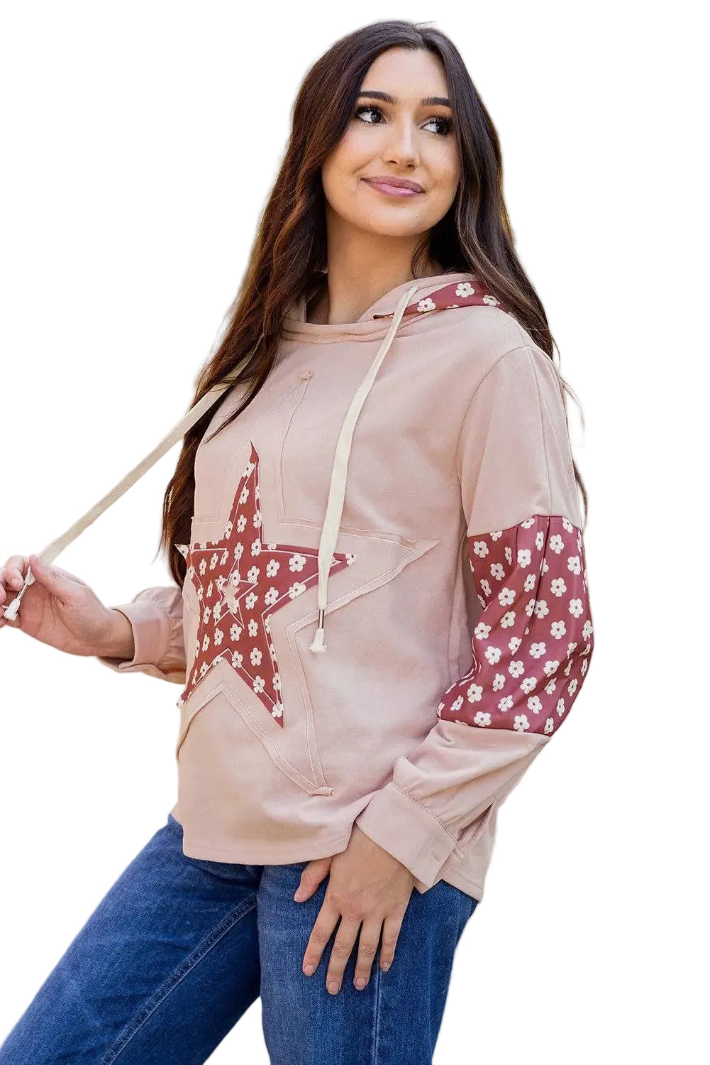 Beau Blue Floral Patchwork Star Pattern Drawstring Hoodie - Tops/Sweatshirts & Hoodies