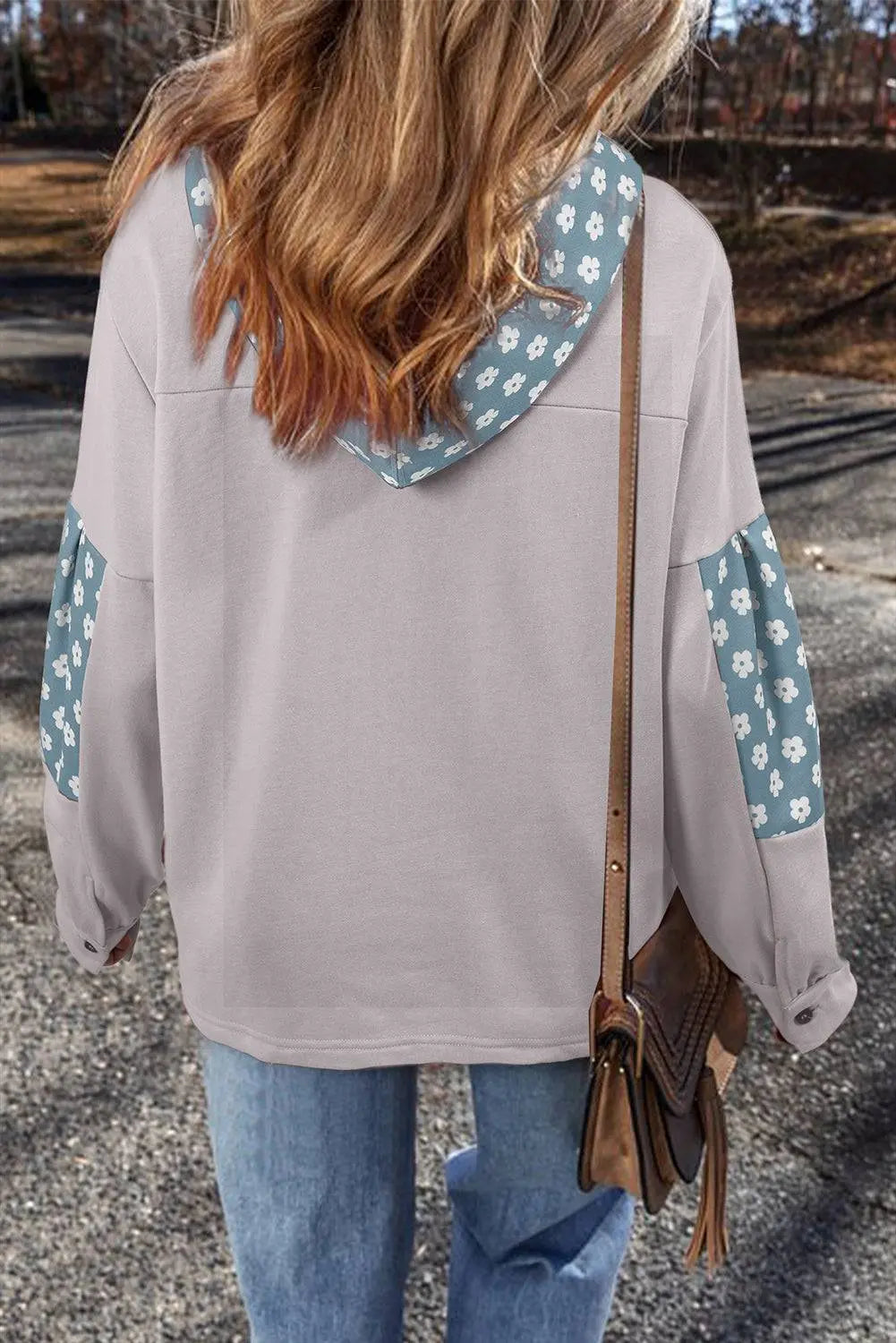 Beau Blue Floral Patchwork Star Pattern Drawstring Hoodie - BB Fashion Outlet