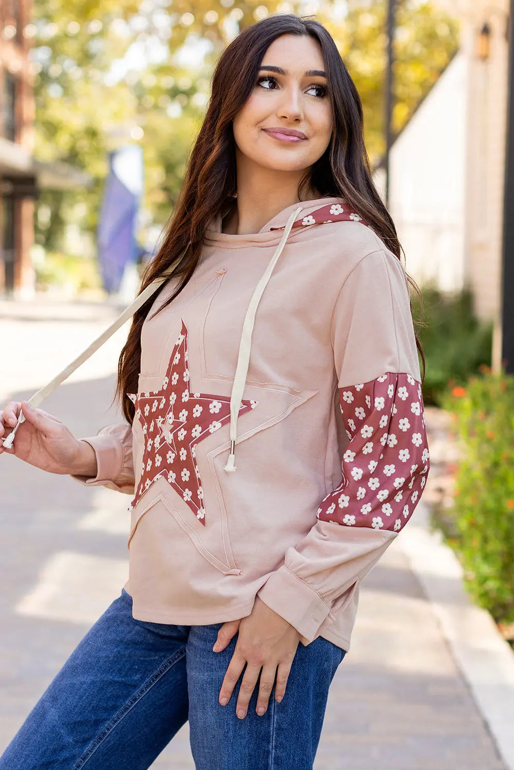 Beau Blue Floral Patchwork Star Pattern Drawstring Hoodie - BB Fashion Outlet