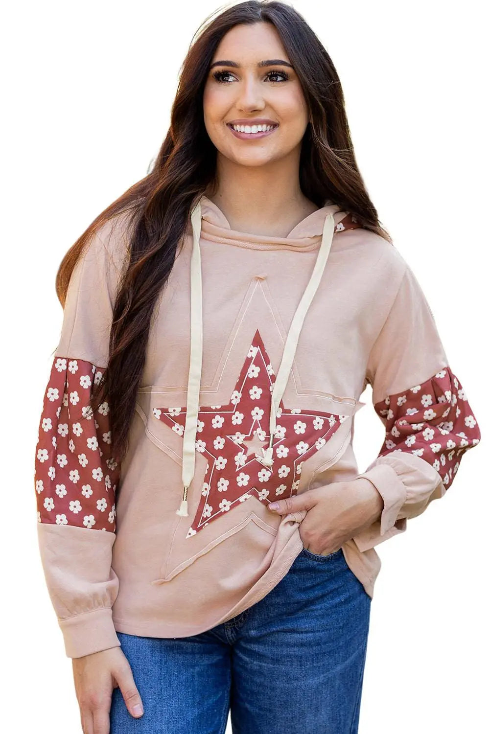 Beau Blue Floral Patchwork Star Pattern Drawstring Hoodie - BB Fashion Outlet