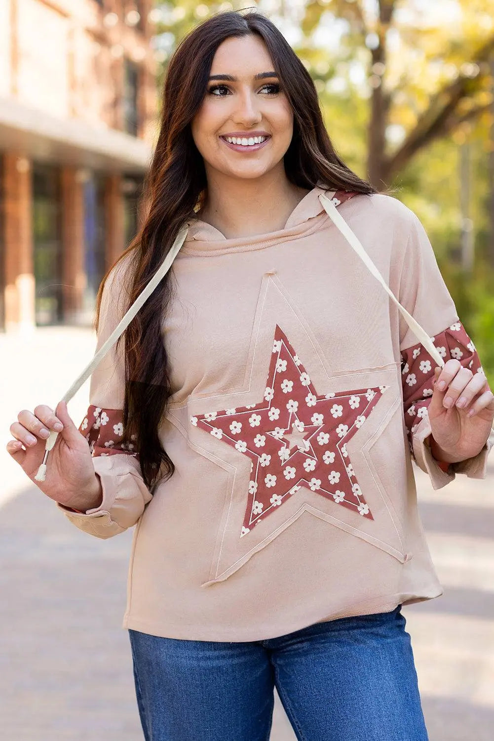 Beau Blue Floral Patchwork Star Pattern Drawstring Hoodie - BB Fashion Outlet