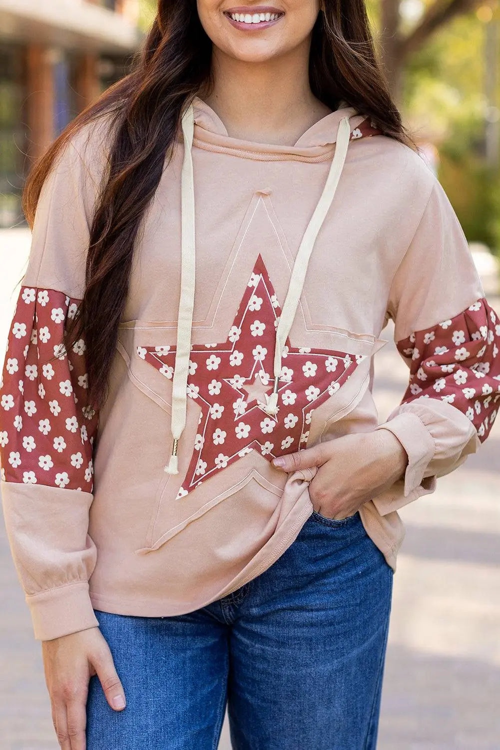Beau Blue Floral Patchwork Star Pattern Drawstring Hoodie - BB Fashion Outlet