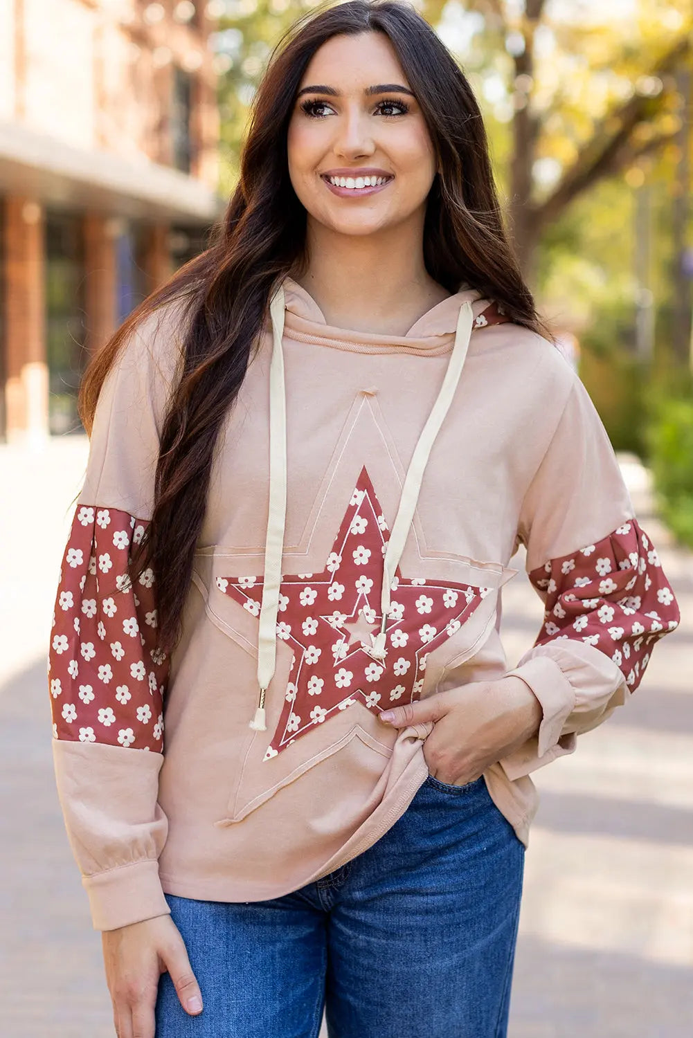 Beau Blue Floral Patchwork Star Pattern Drawstring Hoodie - BB Fashion Outlet