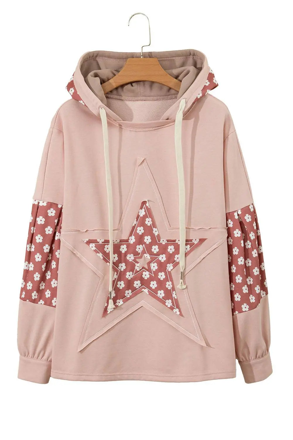 Beau Blue Floral Patchwork Star Pattern Drawstring Hoodie - BB Fashion Outlet