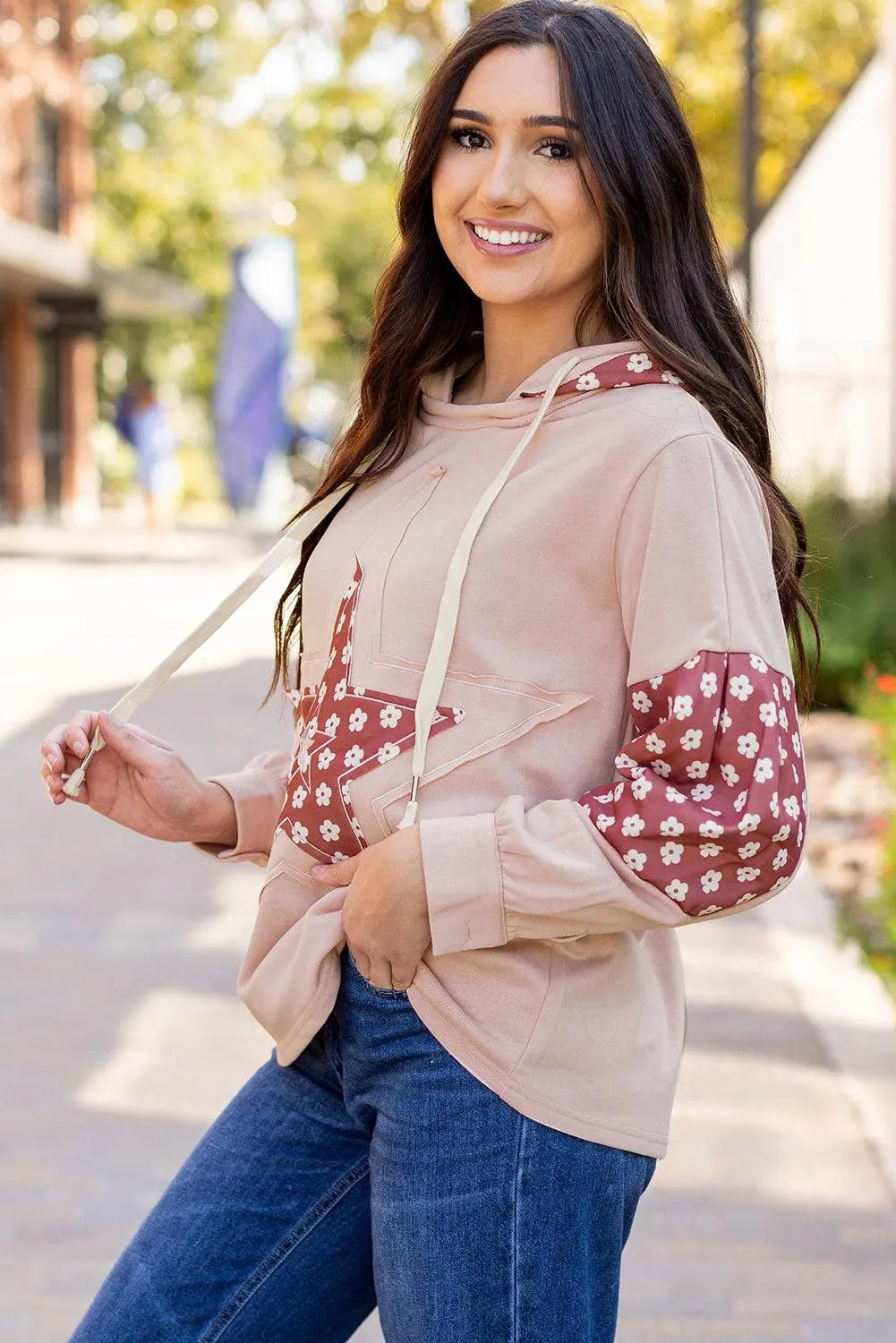Beau Blue Floral Patchwork Star Pattern Drawstring Hoodie - BB Fashion Outlet