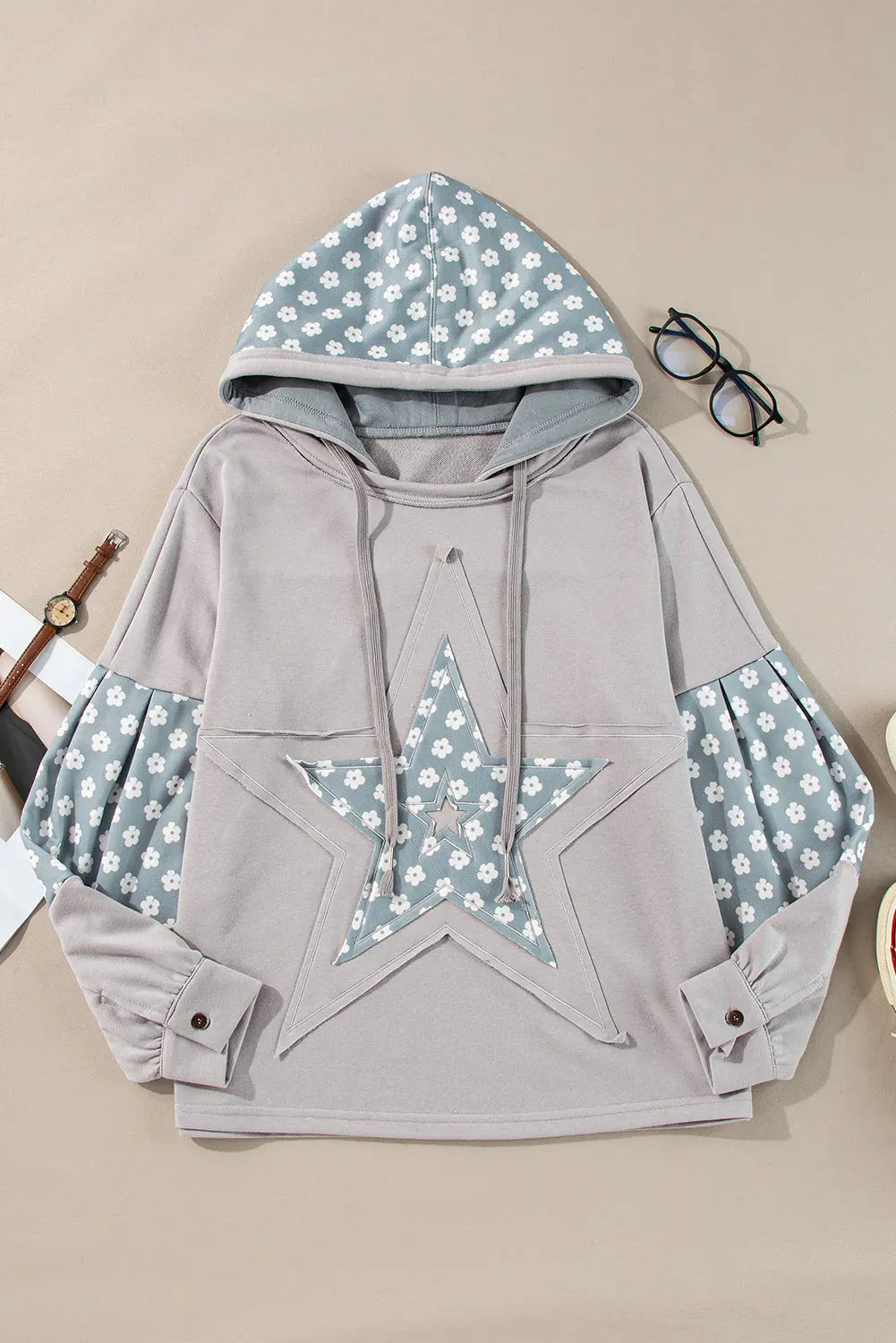 Beau Blue Floral Patchwork Star Pattern Drawstring Hoodie - eAura