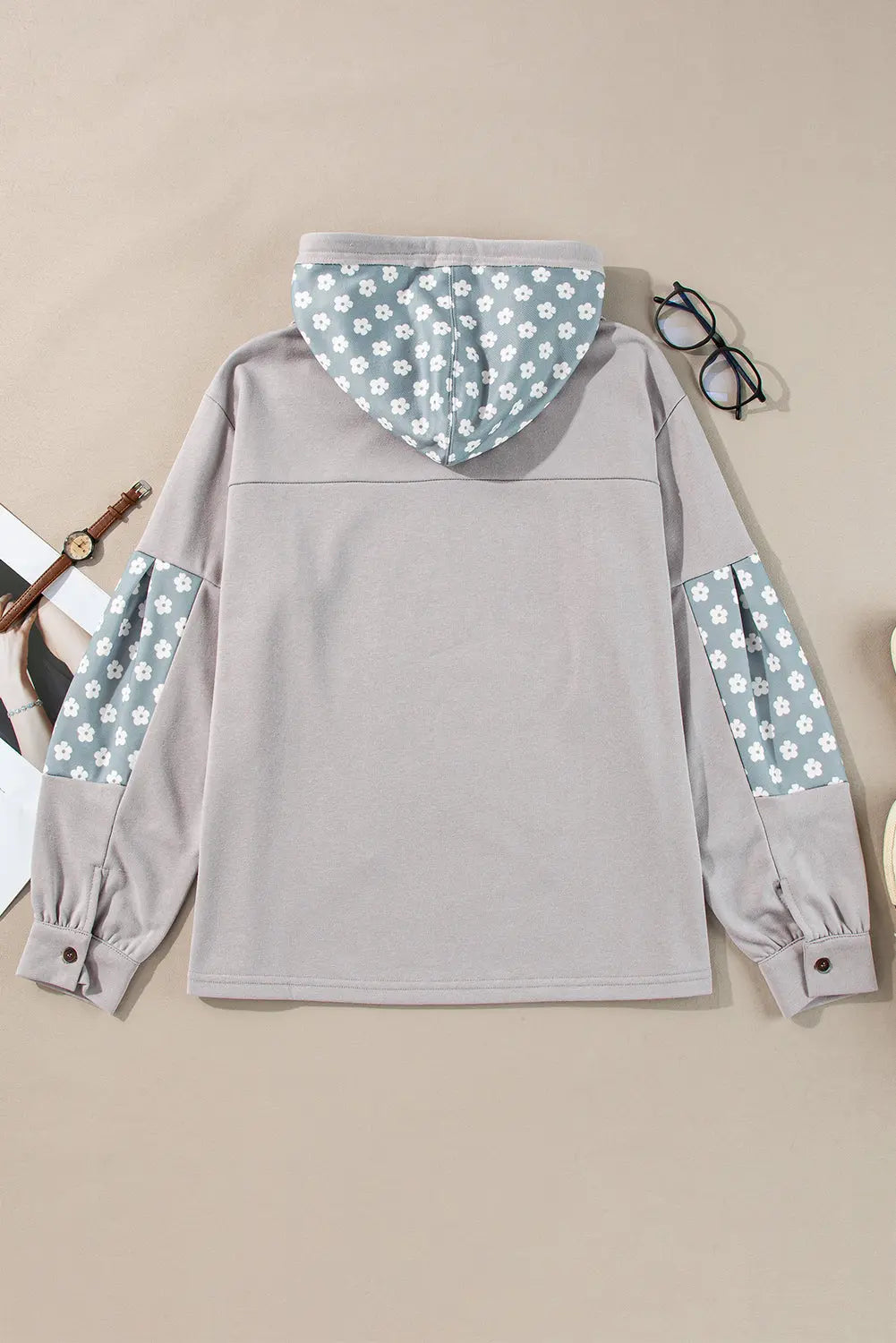 Beau Blue Floral Patchwork Star Pattern Drawstring Hoodie - eAura