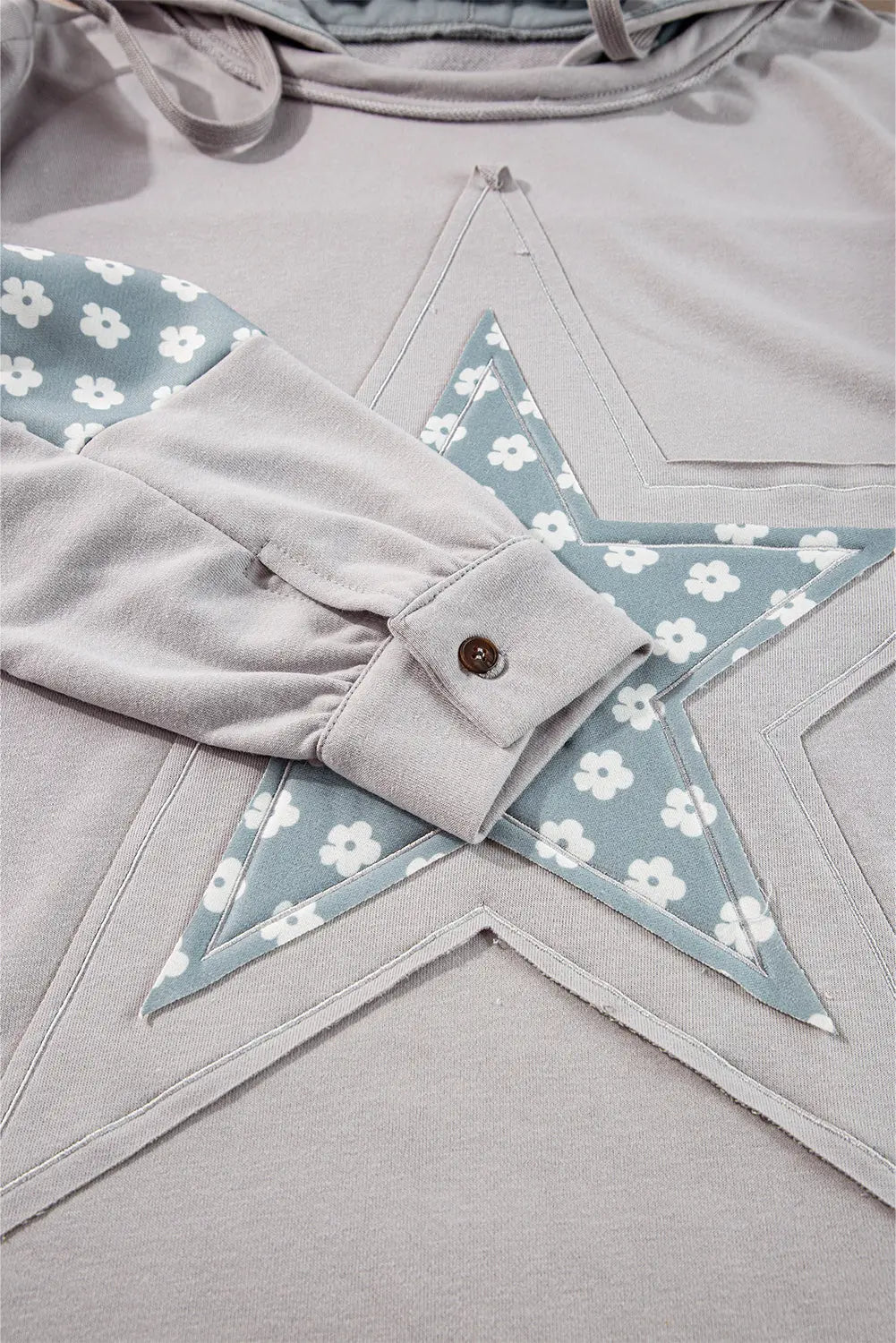 Beau Blue Floral Patchwork Star Pattern Drawstring Hoodie - eAura