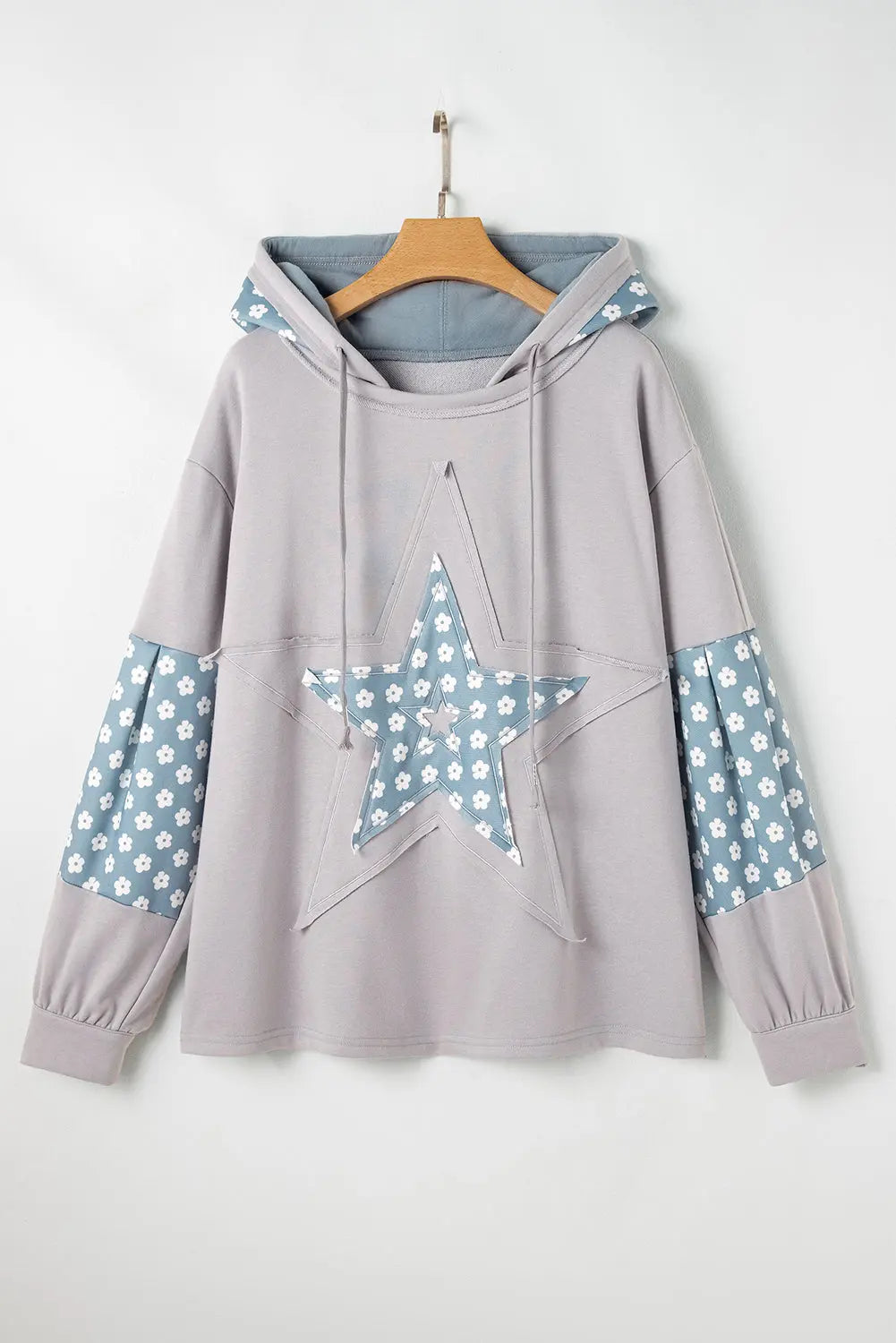 Beau Blue Floral Patchwork Star Pattern Drawstring Hoodie - eAura