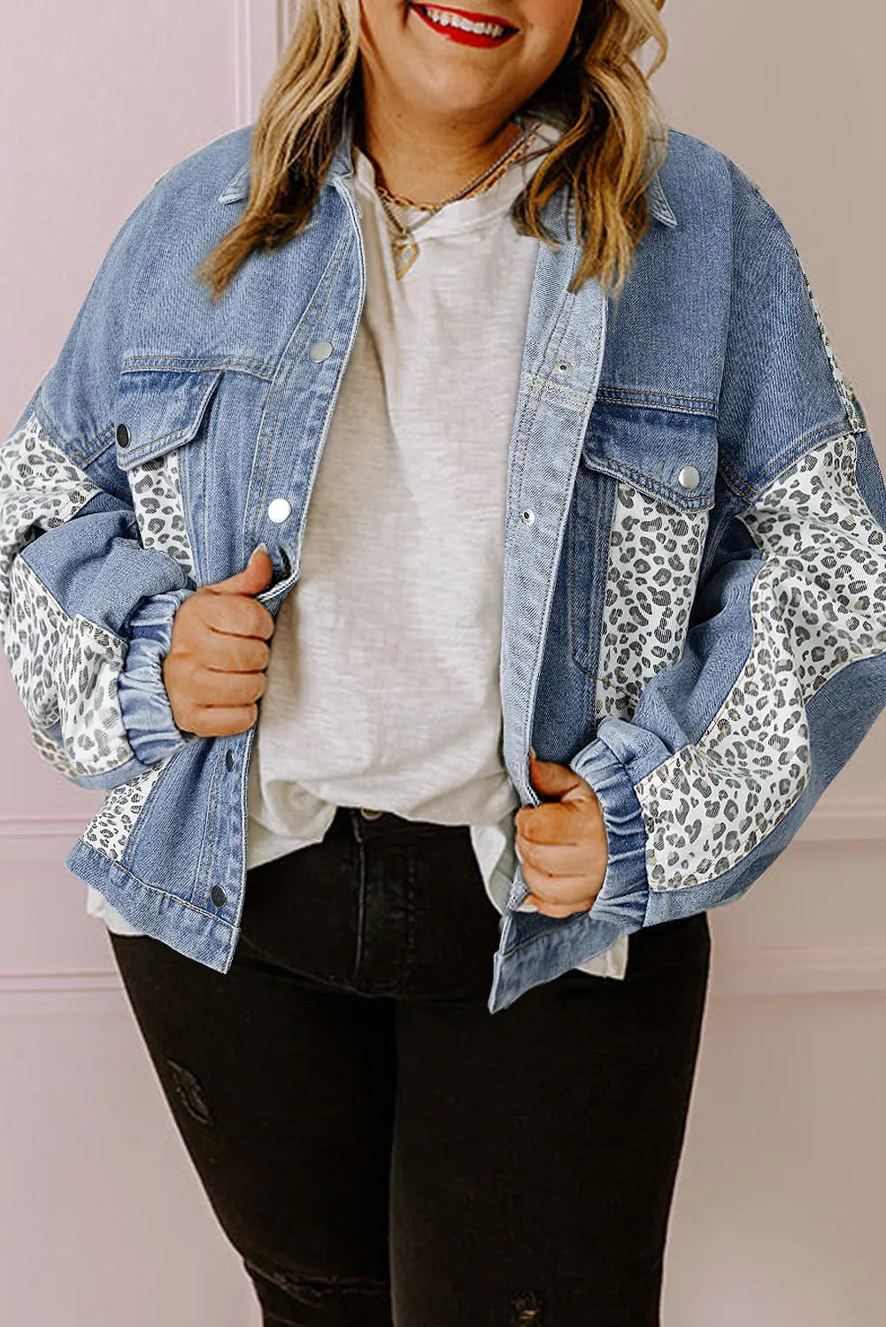 Beau Blue Leopard Patchwork Flap Detail Plus Size Denim Jacket - eAura