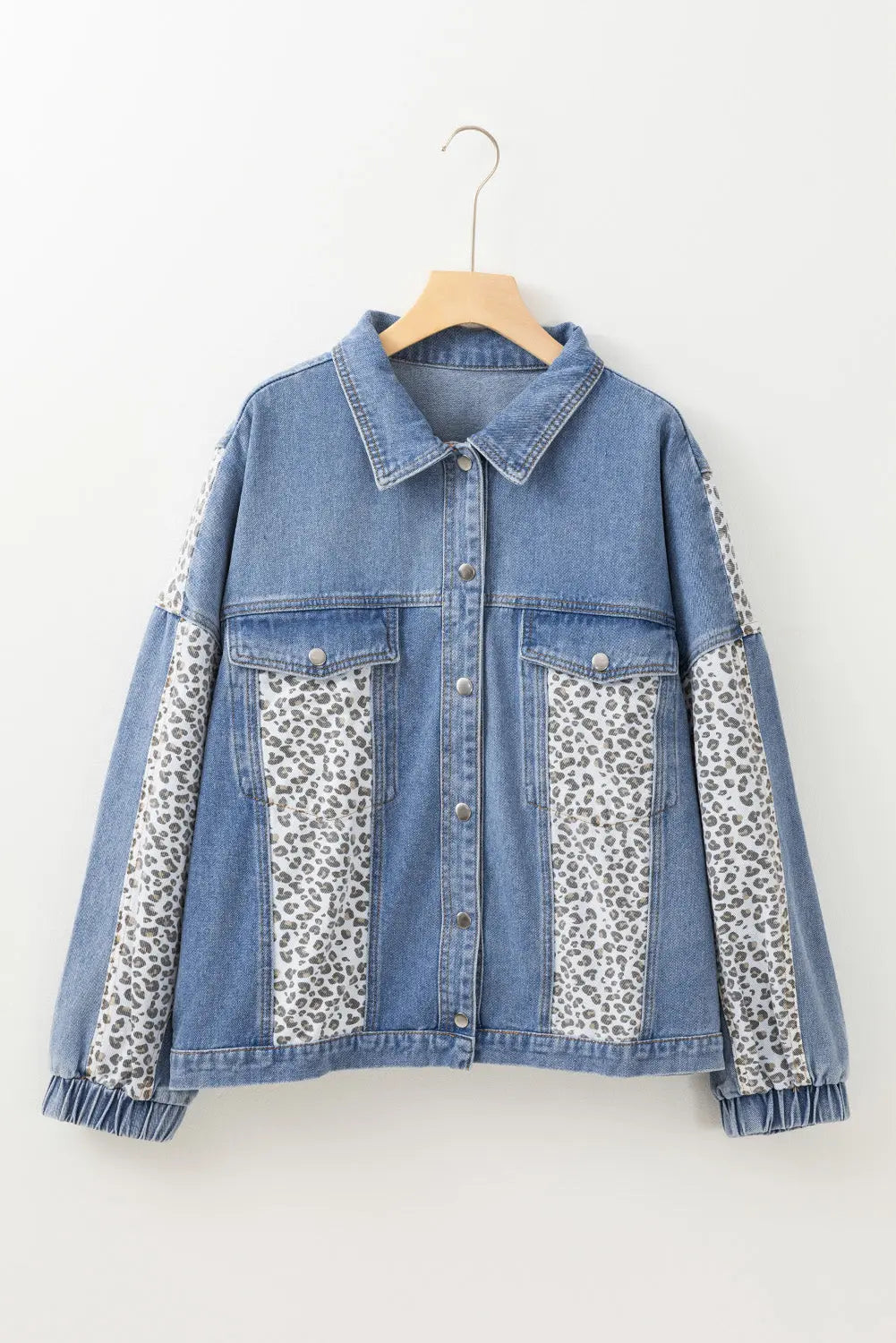 Beau Blue Leopard Patchwork Flap Detail Plus Size Denim Jacket - eAura