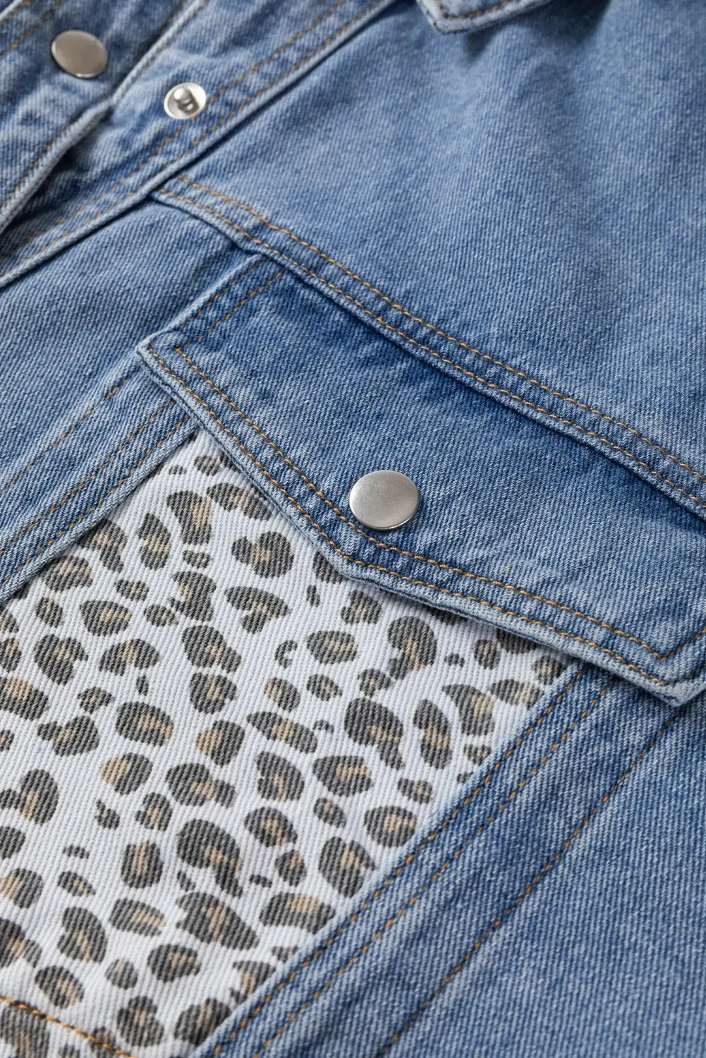 Beau Blue Leopard Patchwork Flap Detail Plus Size Denim Jacket - eAura