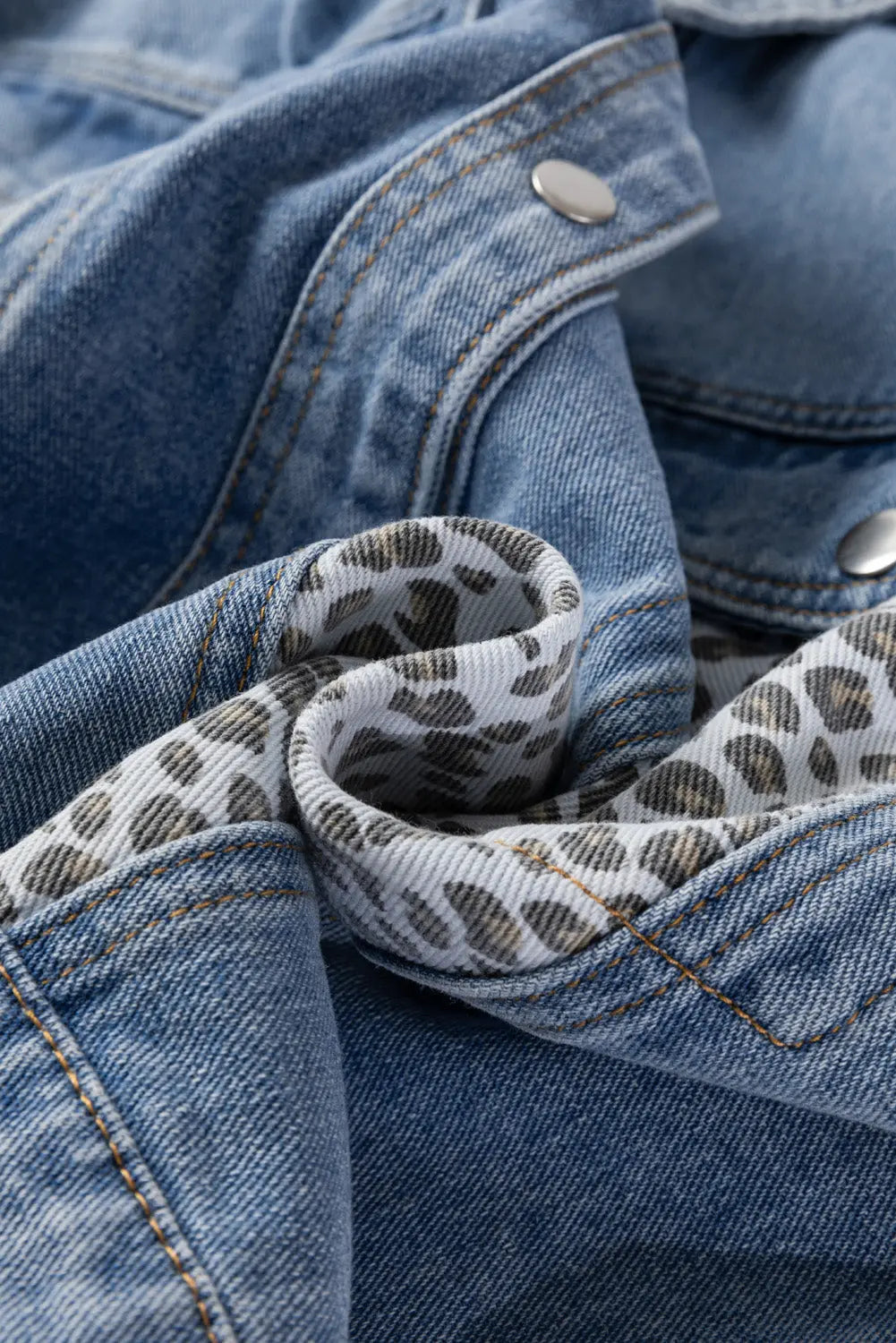 Beau Blue Leopard Patchwork Flap Detail Plus Size Denim Jacket - eAura