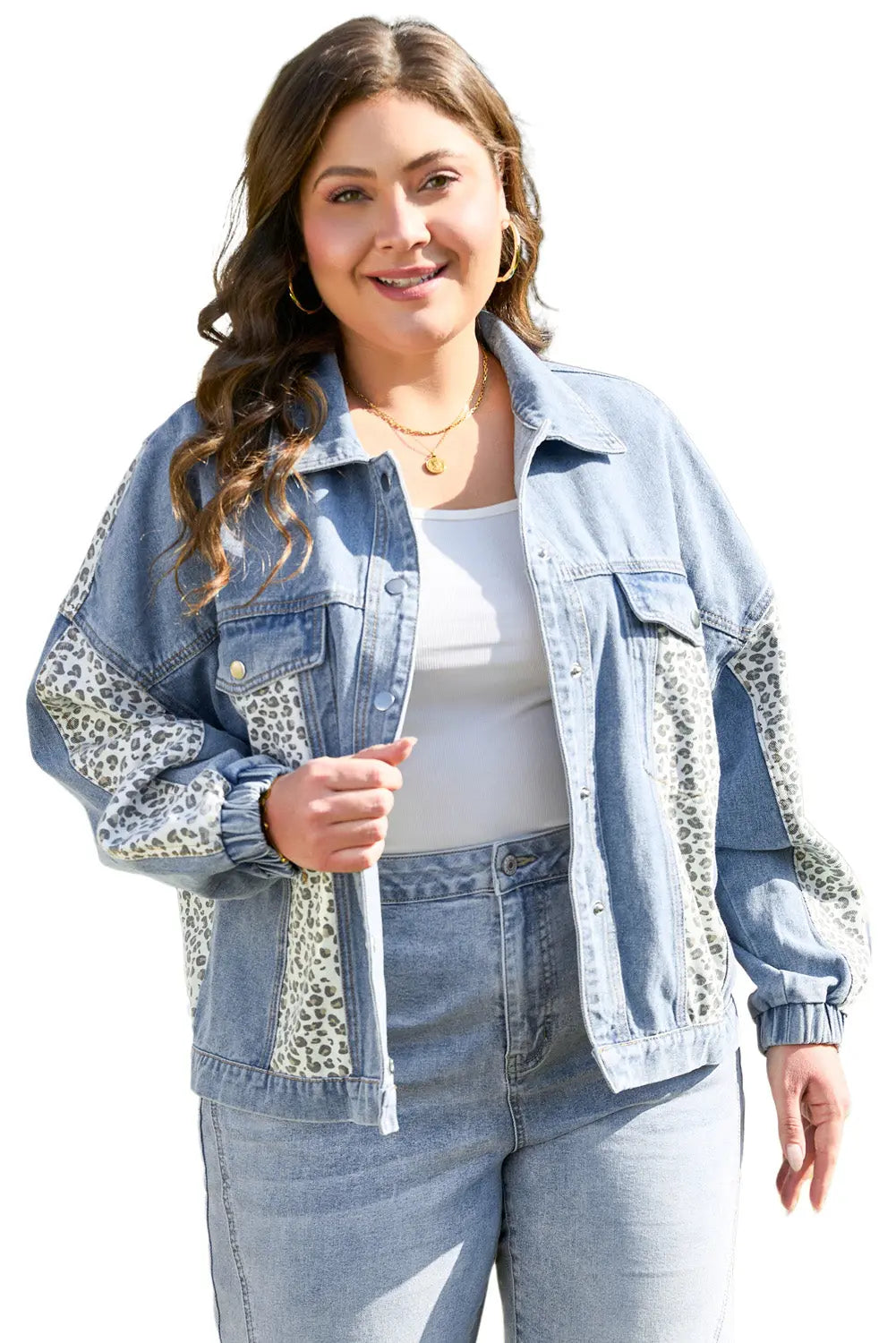 Beau Blue Leopard Patchwork Flap Detail Plus Size Denim Jacket - eAura