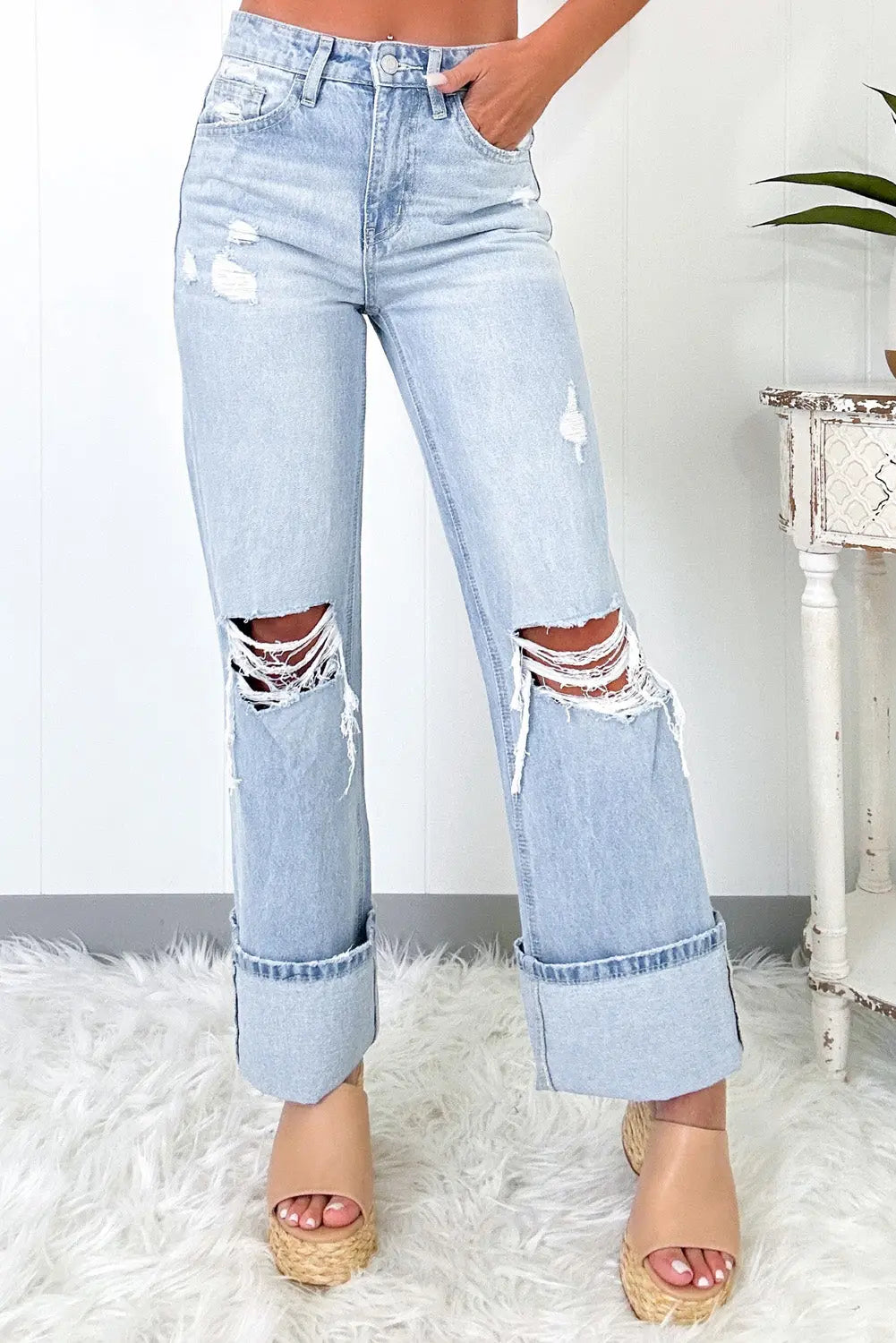 Beau Blue Light Wash Distressed Flare Jeans eAura