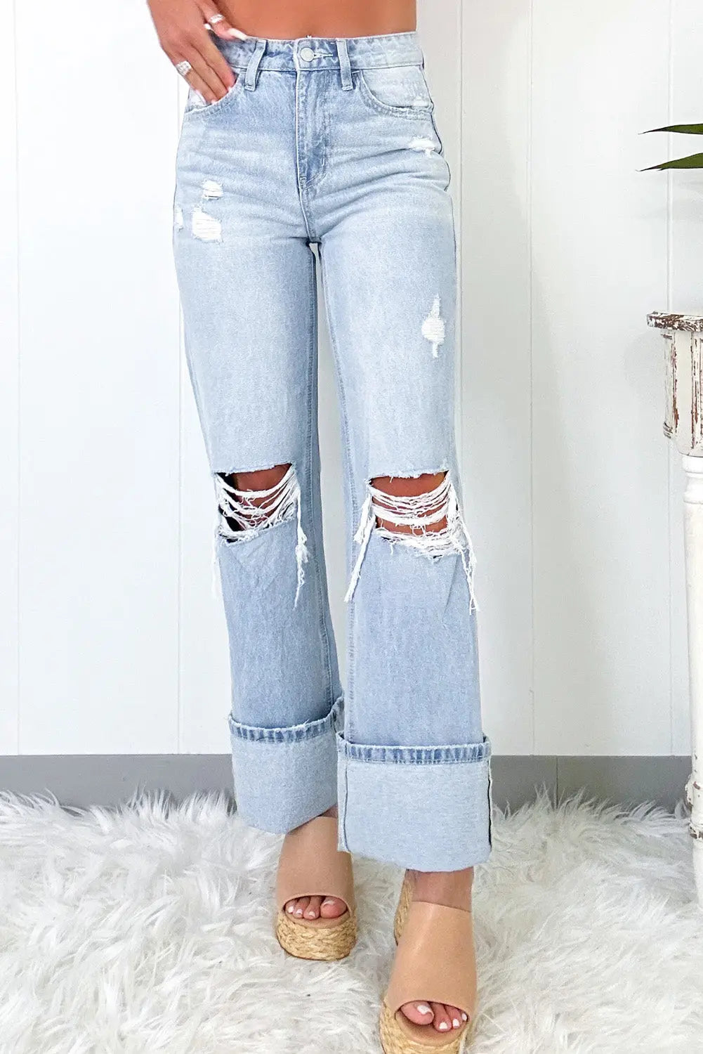 Beau Blue Light Wash Distressed Flare Jeans eAura