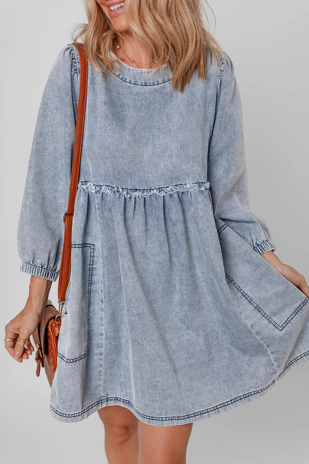 Beau Blue Light Wash High Waist Loose Fit Denim Mini Dress - eAura
