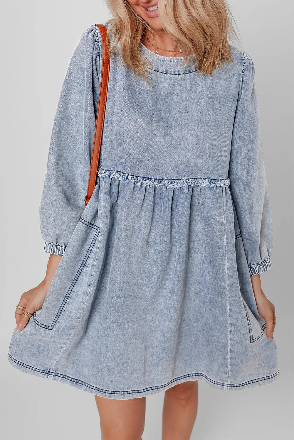 Beau Blue Light Wash High Waist Loose Fit Denim Mini Dress - eAura