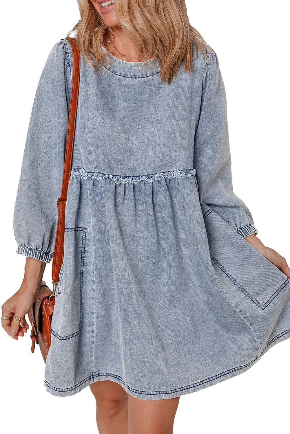 Beau Blue Light Wash High Waist Loose Fit Denim Mini Dress - eAura