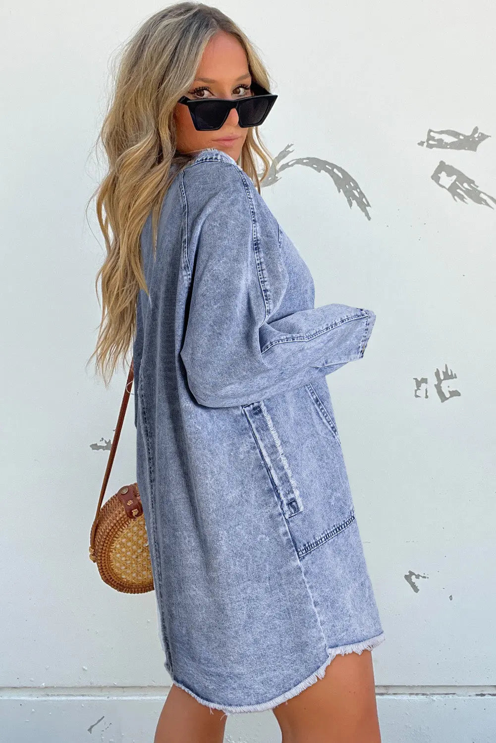 Beau Blue Mineral Wash Long Sleeve Button Up Raw Hem Pocketed Denim Dress - eAura