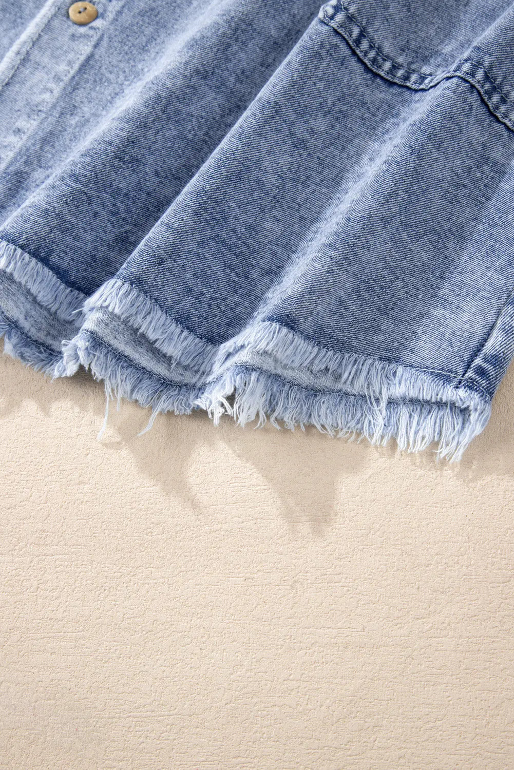 Beau Blue Mineral Wash Long Sleeve Button Up Raw Hem Pocketed Denim Dress - eAura