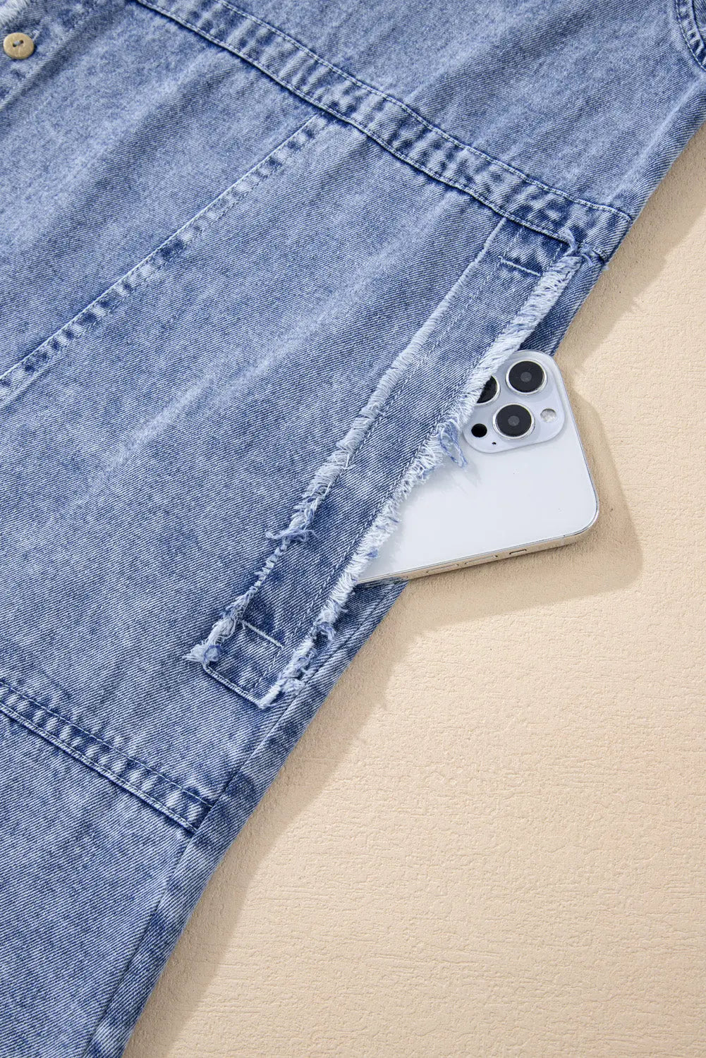 Beau Blue Mineral Wash Long Sleeve Button Up Raw Hem Pocketed Denim Dress - eAura