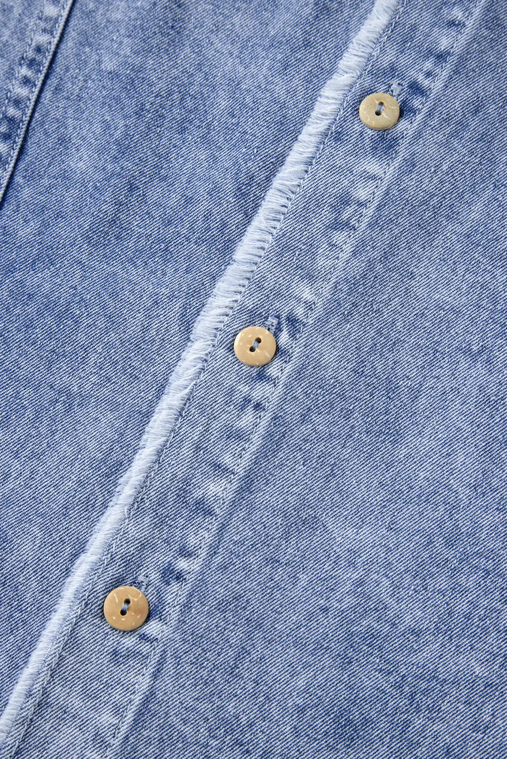 Beau Blue Mineral Wash Long Sleeve Button Up Raw Hem Pocketed Denim Dress - eAura