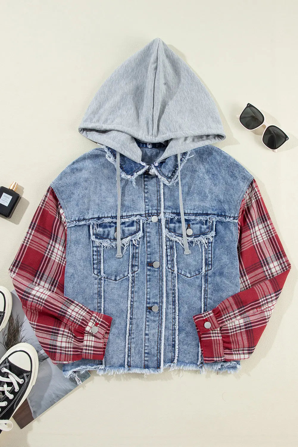 Beau Blue Plaid Print Patchwork Hooded Raw Hem Denim Jacket - eAura