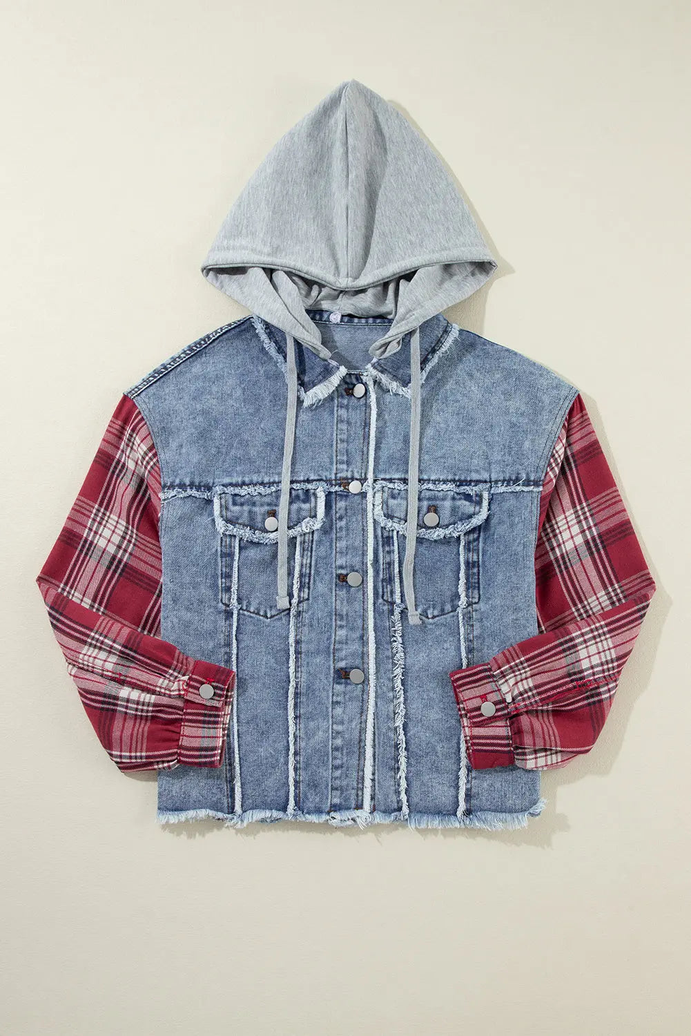 Beau Blue Plaid Print Patchwork Hooded Raw Hem Denim Jacket - eAura