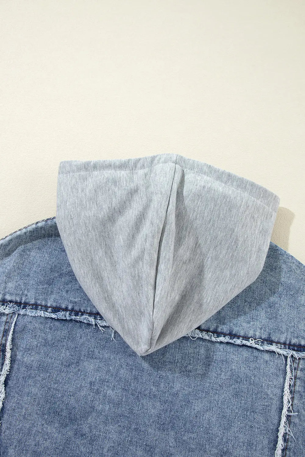 Beau Blue Plaid Print Patchwork Hooded Raw Hem Denim Jacket - eAura