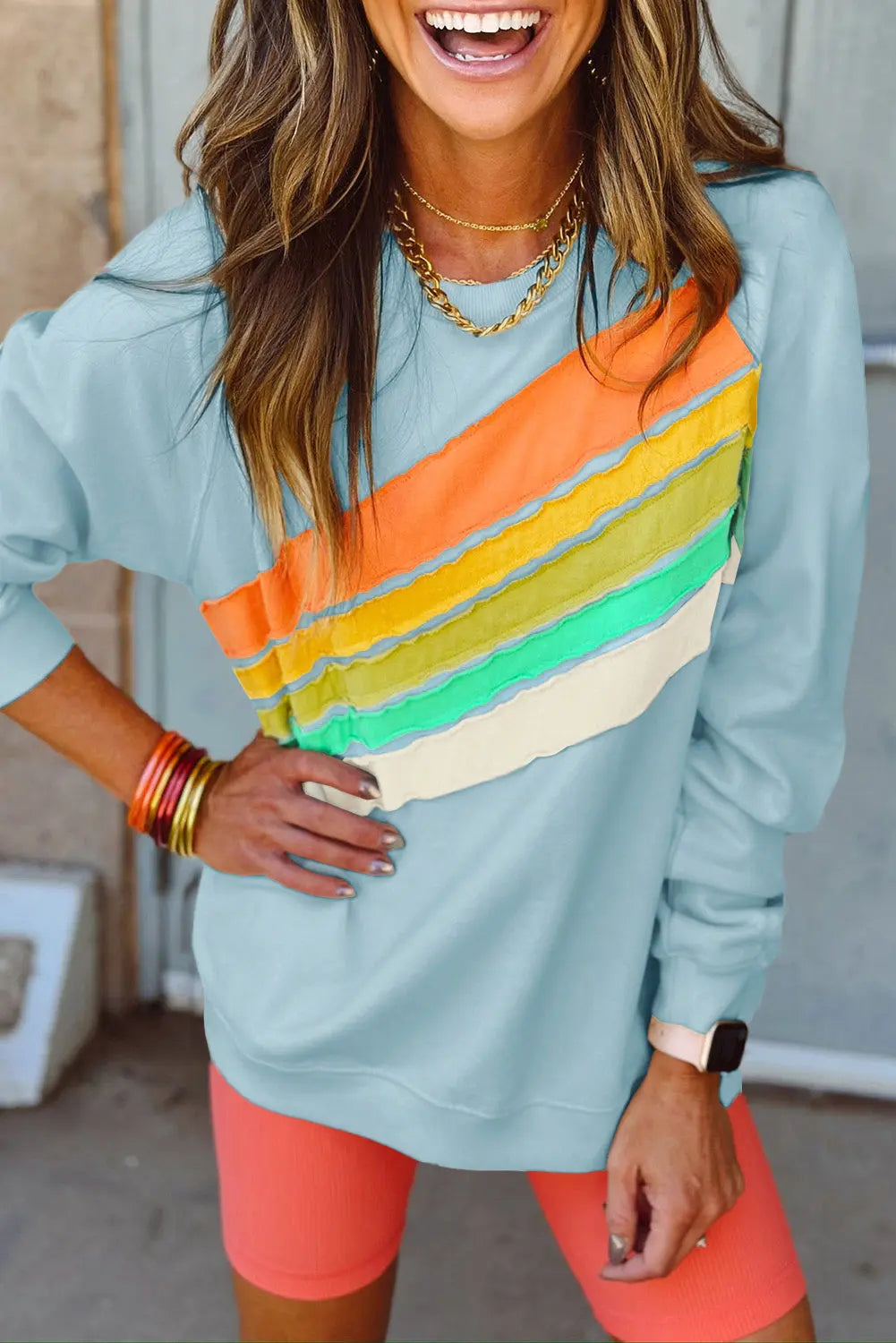 Beau Blue Rainbow Colourblock Striped Pullover Sweatshirt Beagle Boutique Fashion Outlet