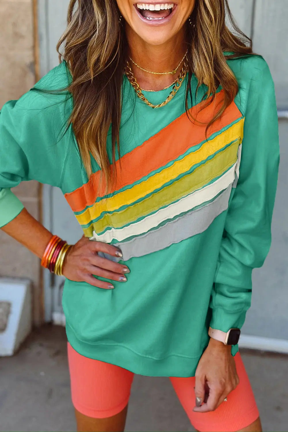 Beau Blue Rainbow Colourblock Striped Pullover Sweatshirt Beagle Boutique Fashion Outlet