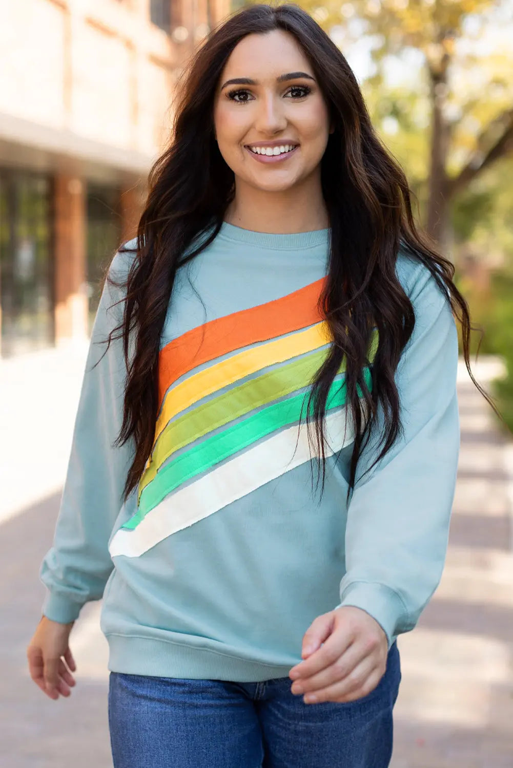Beau Blue Rainbow Colourblock Striped Pullover Sweatshirt Beagle Boutique Fashion Outlet