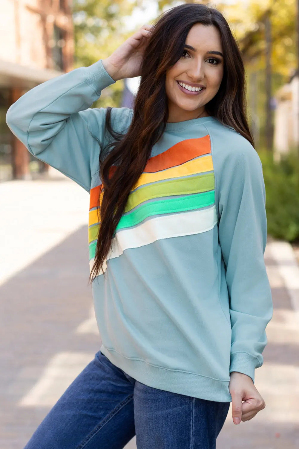 Beau Blue Rainbow Colourblock Striped Pullover Sweatshirt Beagle Boutique Fashion Outlet