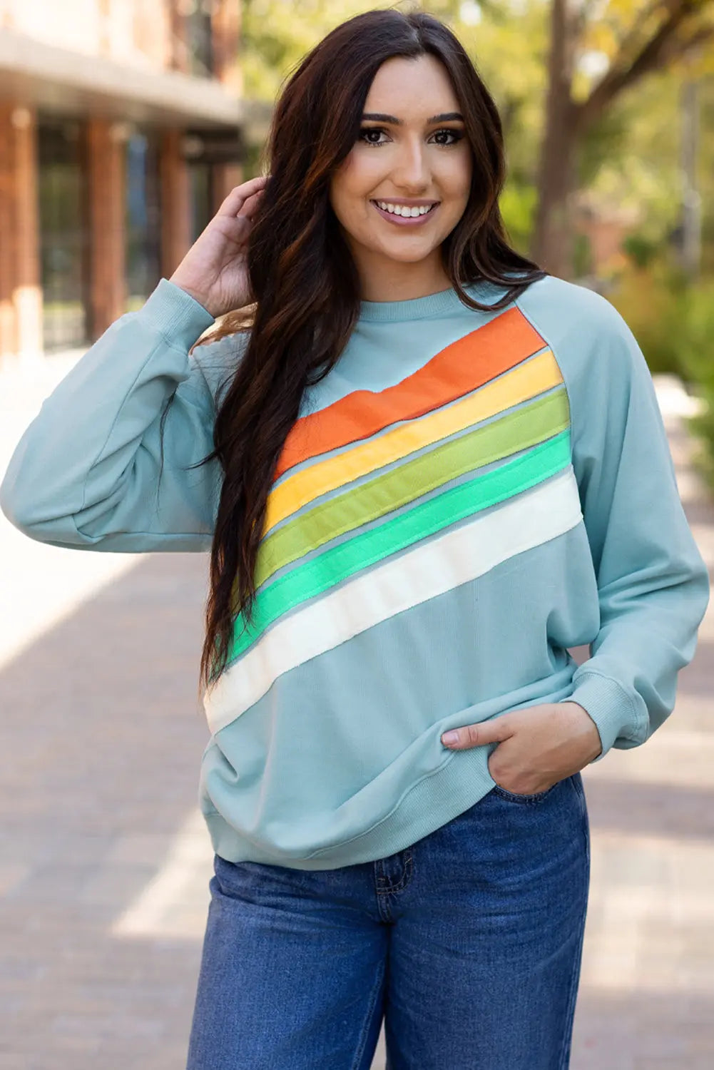 Beau Blue Rainbow Colourblock Striped Pullover Sweatshirt Beagle Boutique Fashion Outlet