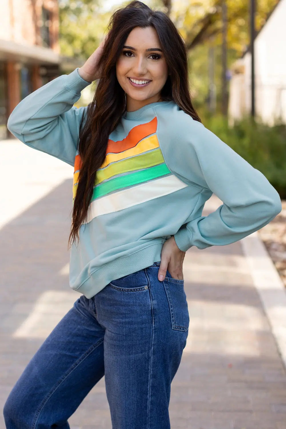 Beau Blue Rainbow Colourblock Striped Pullover Sweatshirt Beagle Boutique Fashion Outlet