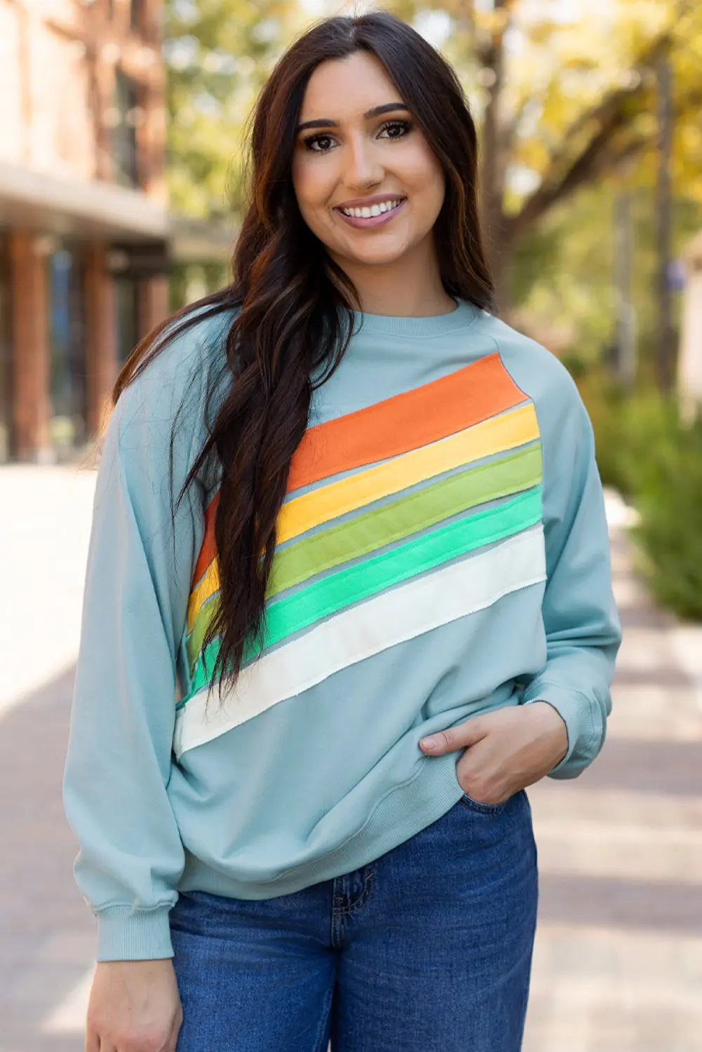 Beau Blue Rainbow Colourblock Striped Pullover Sweatshirt Beagle Boutique Fashion Outlet