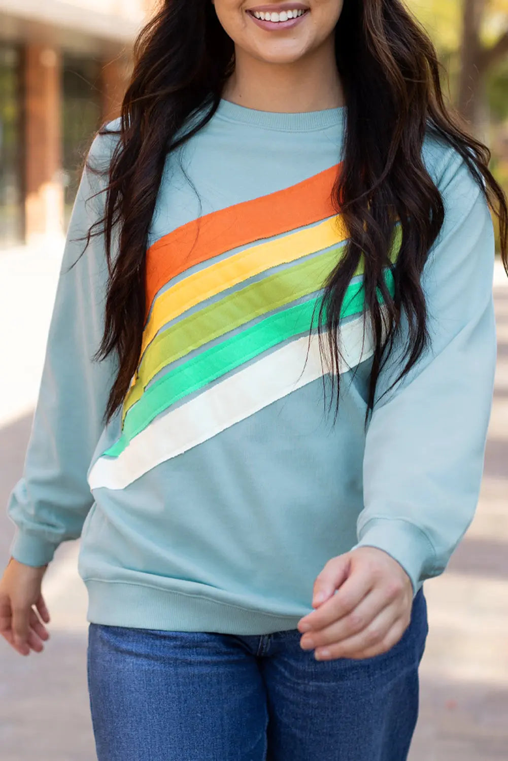 Beau Blue Rainbow Colourblock Striped Pullover Sweatshirt Beagle Boutique Fashion Outlet