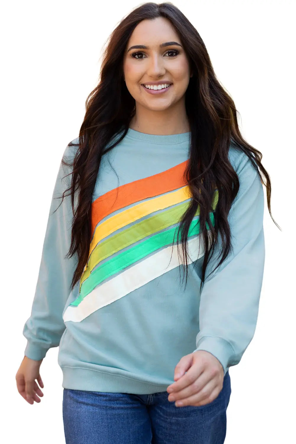 Beau Blue Rainbow Colourblock Striped Pullover Sweatshirt Beagle Boutique Fashion Outlet