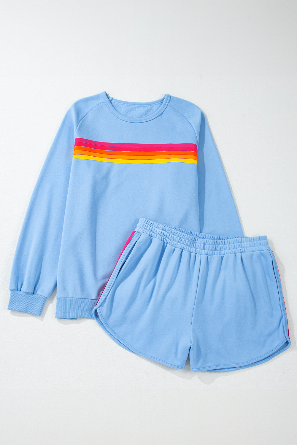Beau Blue Striped Accent Pullover and Shorts Two Piece Casual Set - BEAU BLUE / S / 50% POLYESTER + 50% COTTON