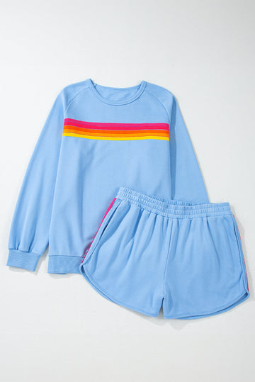 Beau Blue Striped Accent Pullover and Shorts Two Piece Casual Set - BEAU BLUE / S / 50% POLYESTER + 50% COTTON