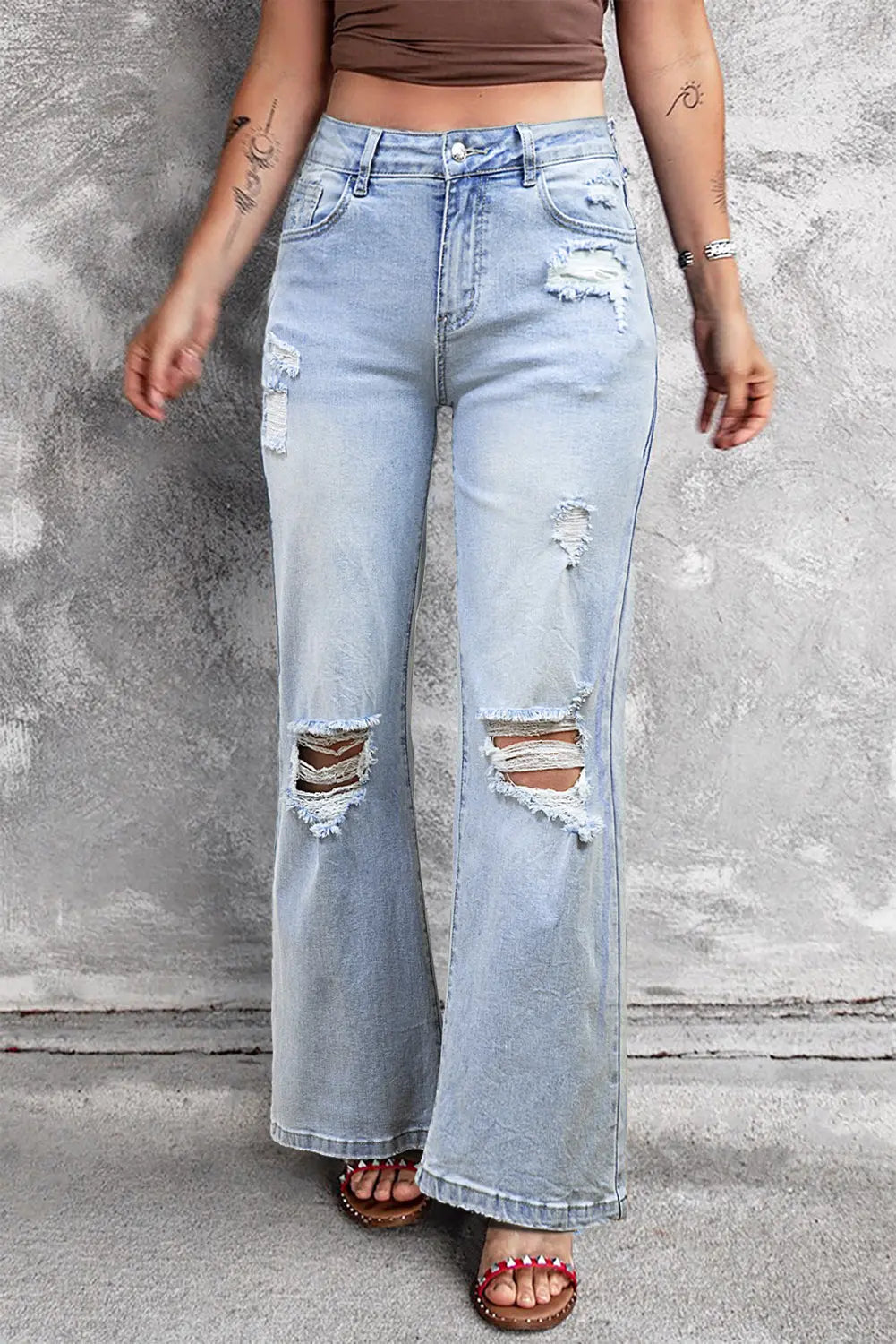 Beau Blue Vintage Light Wash Distressed Flare Jeans eAura