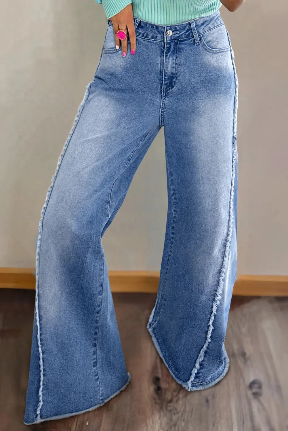 Beau Blue Vintage Stitching Raw Hem Flared Jeans Beagle Boutique Fashion Outlet