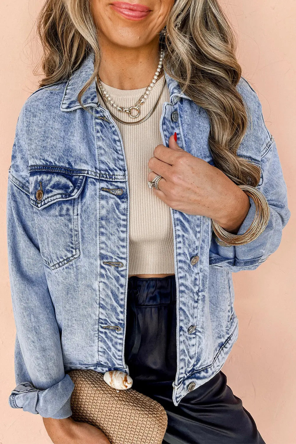 Beau Blue Vintage Washed Flap Pockets Denim Jacket eAura