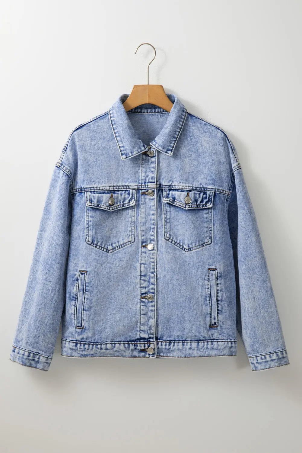 Beau Blue Vintage Washed Flap Pockets Denim Jacket eAura