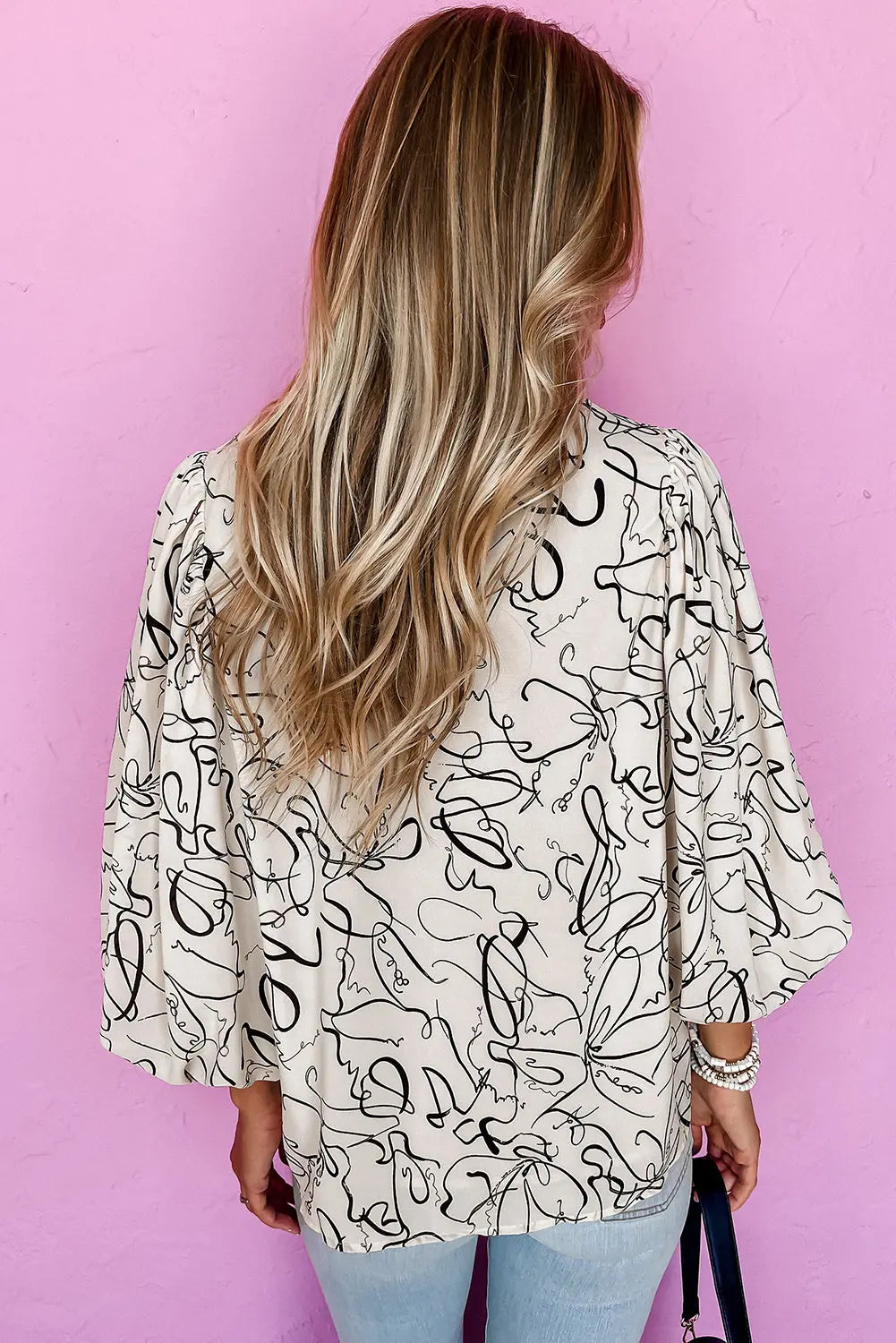 Beige Abstract Print Balloon Sleeve Crew Neck Blouse Beagle Boutique Fashion Outlet