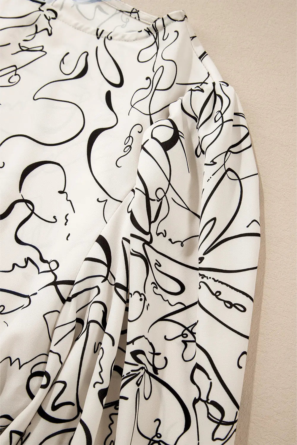 Beige Abstract Print Balloon Sleeve Crew Neck Blouse Beagle Boutique Fashion Outlet