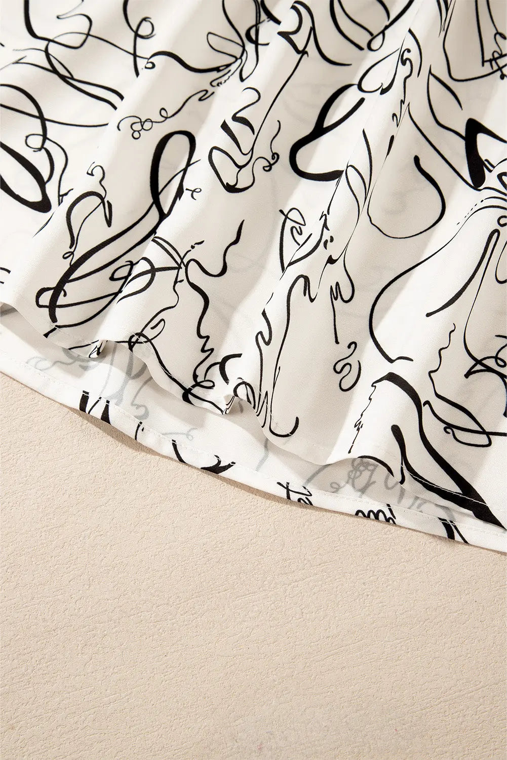 Beige Abstract Print Balloon Sleeve Crew Neck Blouse Beagle Boutique Fashion Outlet