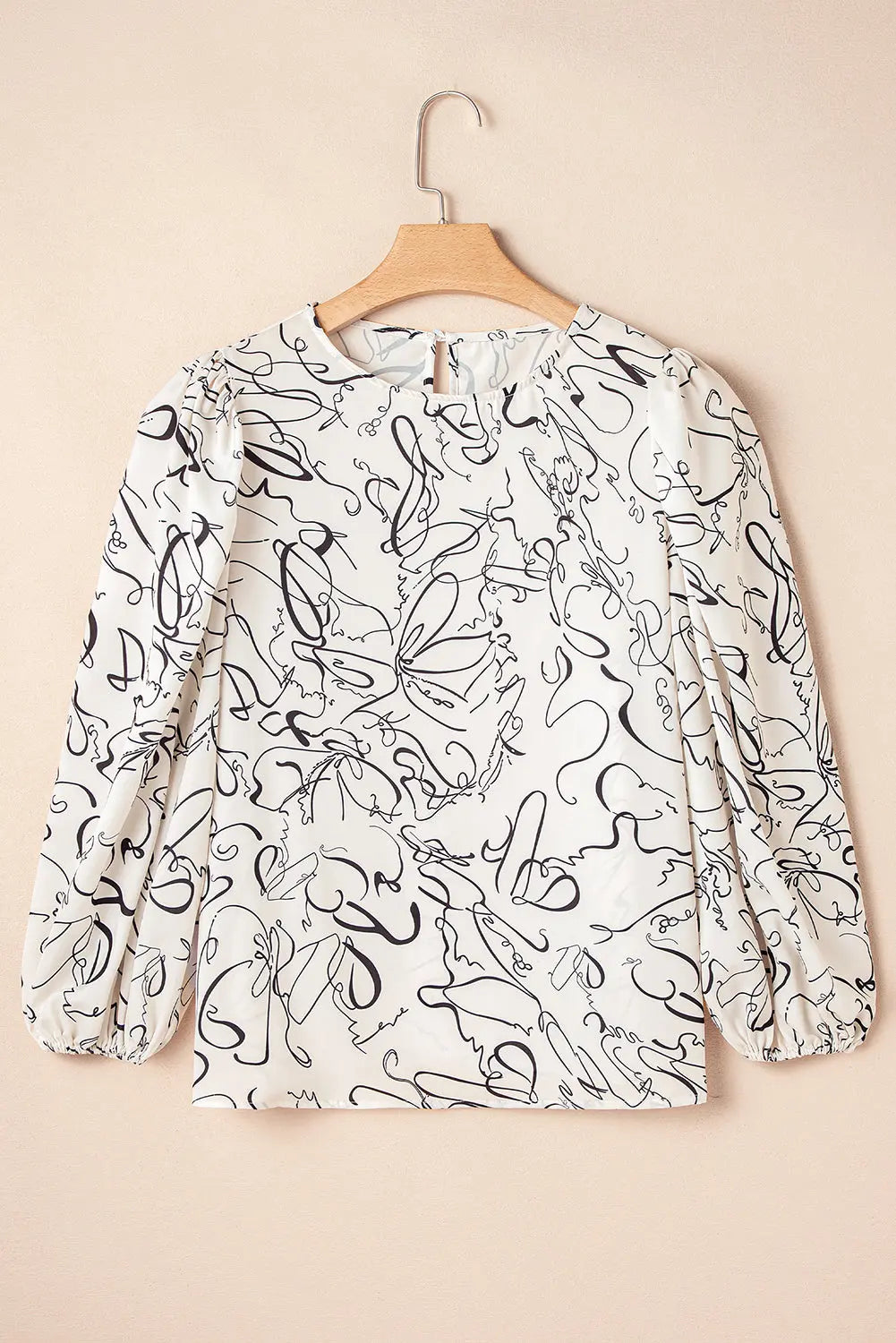 Beige Abstract Print Balloon Sleeve Crew Neck Blouse Beagle Boutique Fashion Outlet