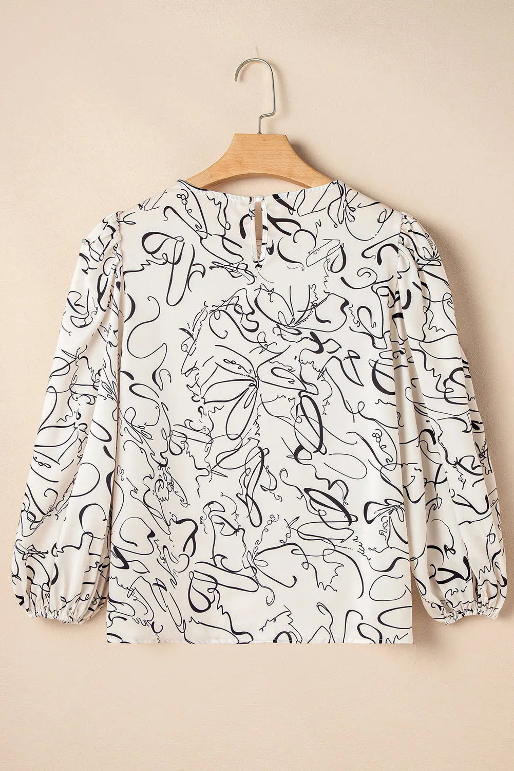 Beige Abstract Print Balloon Sleeve Crew Neck Blouse Beagle Boutique Fashion Outlet